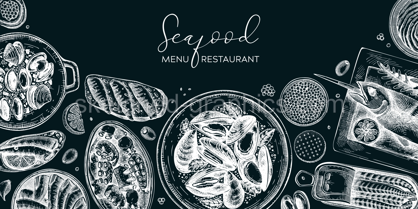 Seafood background on chalkboard. Hand-drawn mussels, oysters, shrimps, caviar, canned fish canape sketches. Mediterranean cuisine, restaurant menu, finger food party banner design Illustration